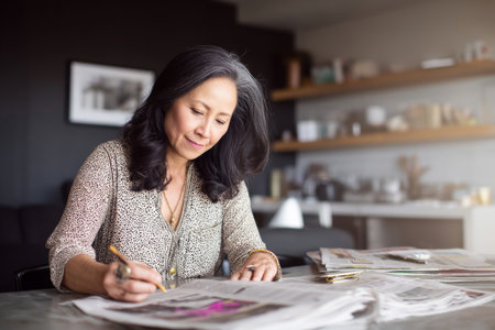 Communications specialist, middle-aged Hispanic professional, polishing press statements with creativity for recognition of achievements.の素材