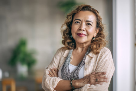 Experienced Hispanic woman highlighting workforce inclusion progress during a quarterly report presentation, addressing key metrics.の素材