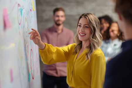 Young adult Caucasian businesswoman participating in a team meeting, pointing at a whiteboard filled with colorful diagrams, wearing a bright blouse and a confident smile, surrounded by colleagues in a casual, yet professional environmentの素材