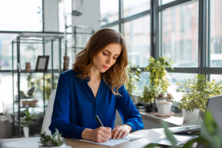 Young adult Caucasian business woman working at her desk, analyzing market research and taking notes for an upcoming report, dressed in a formal blue blouse, the office bright with natural light pouring in through large windows, sleek furniture, and plants scattered around the room to inspire focusの素材