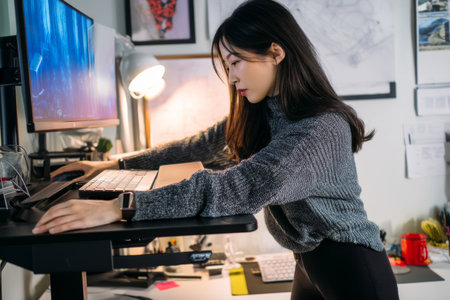 Young adult Asian woman setting up a standing desk, arranging her monitors and ergonomic gear with focusの素材