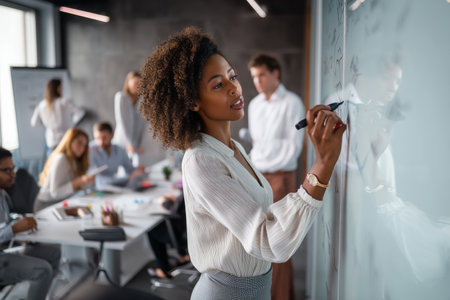Young adult Black business woman leading a brainstorming session with her colleagues, writing ideas on a whiteboard, dressed in a smart blouse and trousers, the office sleek with modern furniture and creative, energetic vibesの素材
