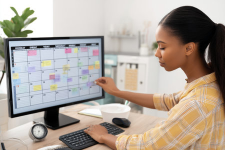 Young adult African-American woman setting up a content calendar for digital campaigns, organizing ideas by monthの素材