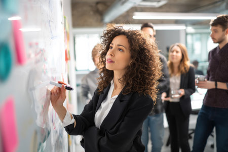 Young adult Hispanic business woman in her modern office, discussing a new project with her colleagues, standing at a whiteboard and explaining ideas, dressed in a black blazer and white shirt, the office open and bright with creative energyの素材