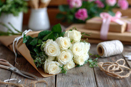 A beautifully arranged bouquet of white roses, wrapped in natural brown paper, features prominently in this image. Set against a rustic wooden table, the scene is enhanced by delicate pink ribbons and twine, creating a warm and inviting atmosphere. Ideal for celebrations, gifting, or floral arrangements in photography.の素材
