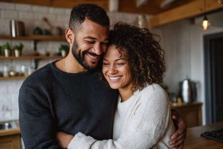 A cozy kitchen scene captures a cheerful couple embracing, radiating happiness. The image showcases warm wood tones, soft pastel shades, and a modern design. Natural light enhances the inviting atmosphere, creating an intimate vibe. Perfect for representing love, relationships, or home life, this image is ideal for lifestyle branding.の素材