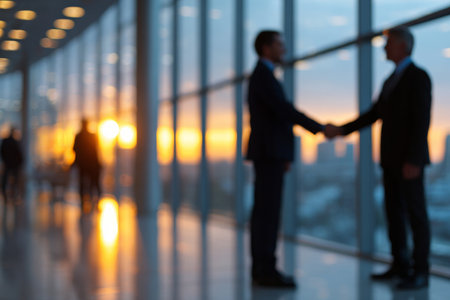 Business agreement concept showing blurred silhouette of business people shaking hands near large window in office building showing blurry cityscape. High qualityの素材