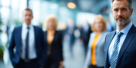 Portrait of confident businessman standing in office with colleagues in the backgroundの素材