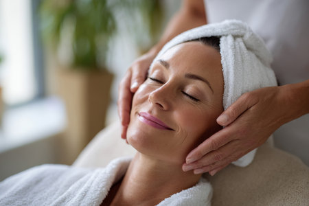 Relaxation takes center stage in this serene image featuring a woman enjoying a soothing facial treatment. Wrapped in a soft white towel, she rests peacefully as a skilled therapist gently massages her face. The bright, airy setting enhances the tranquil mood, making it an ideal representation of self-care and wellness.の素材