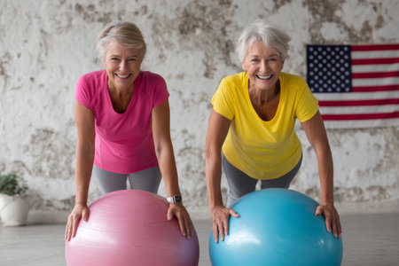 Vibrant image featuring two energetic older women exercising on stability balls, showing colorful sportswear in hues of pink, blue, and yellow. Set against a textured white wall adorned with an American flag, the scene exudes a lively fitness atmosphere, promoting health, vitality, and joy in active aging.の素材