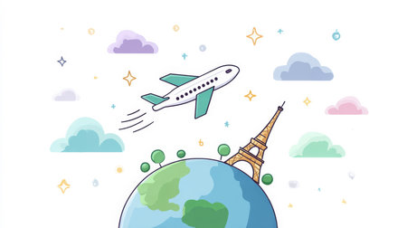 cute cartoon airplane flying around a spinning globe, Eiffel Tower beside the globe, soft pastel colors, dynamic motion lines, travel vibe, clean outlines, high-quality 2D animation look, no real people, simple background, loopable animation feelの素材