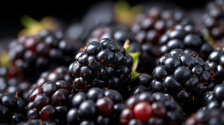 Macro shot of blackberries in high detail, showing plump drupelets and natural glossy reflections.の素材