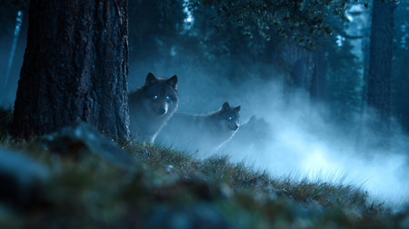 mystical dark forest with spirit wolves, giant spectral wolves with glowing eyes running through mist, ancient nature spirits made of bark and moss, moonlit clearing, magical wildlife, fantasy photography, cinematic lightingの素材