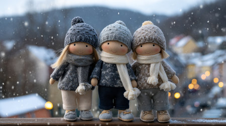 three cute knitted girl dolls in winter stand on the balcony, with snowflakes floating around them and distant views of small buildings towns and hills. the style is full-body portrait photography, with soft lighting, detailed depiction, and knolling. they wear long woolen pants, jackets made from grayish-blue knit fabric, white scarves tied around their necks, and shoes with tassels on top, creating an atmosphere of warmth and comfort.の素材