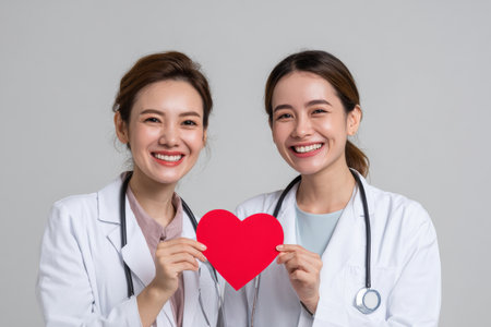 A vibrant image featuring two healthcare professionals joyfully holding a red heart symbol between them. Dressed in white lab coats, they represent compassion and teamwork in the medical field. The clean, bright background emphasizes the positivity and trust within a healthcare environment, making it perfect for medical and wellness themes.の素材