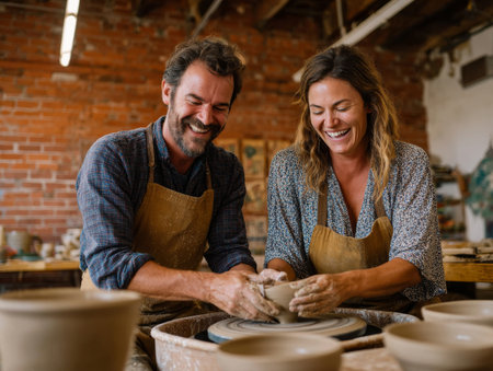 A joyful image captures two artists engaged in pottery, working with clay at a cozy studio. The warm tones of the rustic brick walls and natural lighting create an inviting atmosphere. Their laughter and focused expressions convey creativity and collaboration, making this an inspiring scene for artistic endeavors.の素材