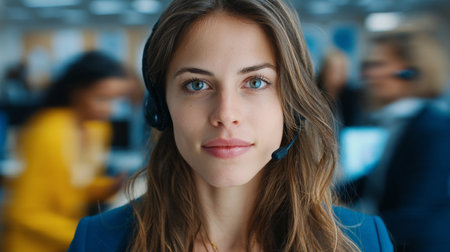 A young woman from the hips upward, clearly centered in the frame. She is wearing business clothes. She looks direct in the camera, her long brown hair falling over one shoulder. She is wearing a headset with microphone. In the background her colleagues rush around frantically, desperately searching for a solution. The background is blurred, creating a dynamic sense of speed and urgency. The young woman conveys a calm confidence amid the hectic office routine. Blue and yellow color palette. Hyper-realistic photo style.の素材