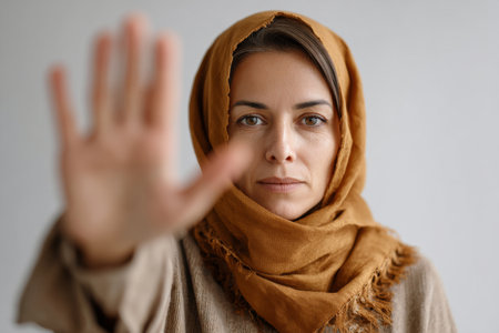 Muslim woman in hijab showing stop hand gesture for rights and equalityの素材