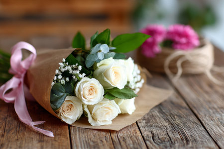 A tastefully arranged bouquet of white roses wrapped in rustic brown paper rests on a wooden table, accented with soft pink ribbons for a warm, inviting mood.の素材