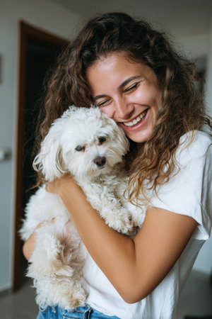 A curly-haired young woman beams with joy while cuddling a fluffy white dog in a bright minimalist setting filled with soft, uplifting light.の素材