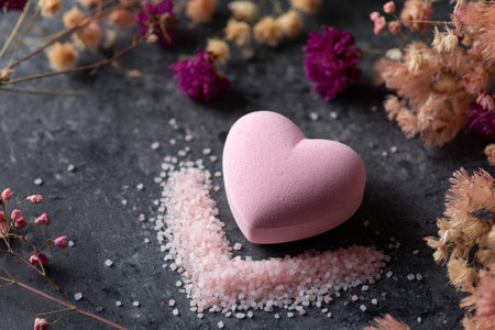 A pink heart-shaped bath bomb rests among matching bath salts on dark marble, with delicate dried flowers adding a soothing, romantic touch.の素材