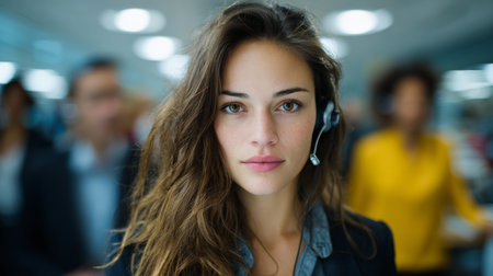 A confident young professional woman, pictured from the waist up, stands centered in the frame wearing business attire and a headset, remaining calm as colleagues blur frantically behind her, creatingの素材