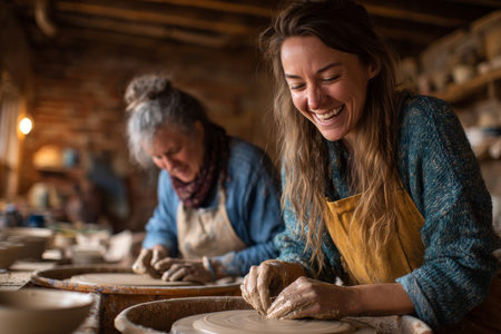 Two artists joyfully work with clay in a cozy pottery studio, their expressions capturing creativity, teamwork, and the inviting ambiance of rustic brick walls.の素材