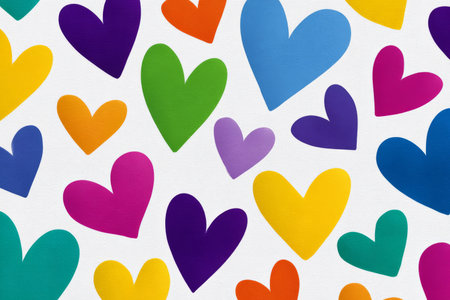 A collection of brightly colored hearts arranged against a clean white background produces a joyful, celebratory composition.の素材