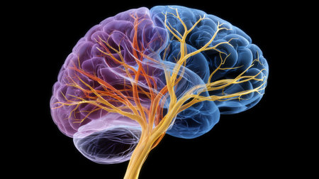 A three-dimensional visual rendering depicts the intricate network of brain nerve pathways derived from MRI data.の素材