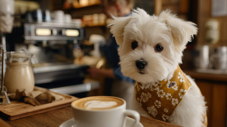 A tiny Maltese puppy mimics making a latte behind a cafÃ© counter, adding charm and playful fantasy to the scene.の素材