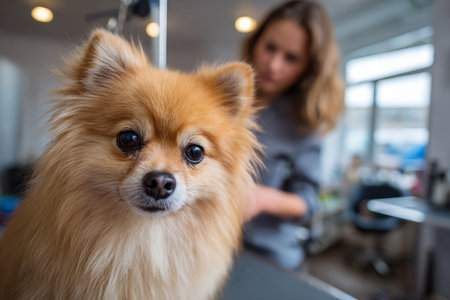 A fluffy Pomeranian is groomed in a bright salon, its warm fur contrasting beautifully with the cool-toned grooming tools around it.の素材