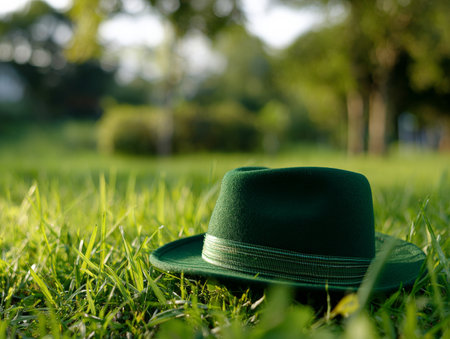 A green felt St. Patrick's Day hat resting on a lush grass field.の素材