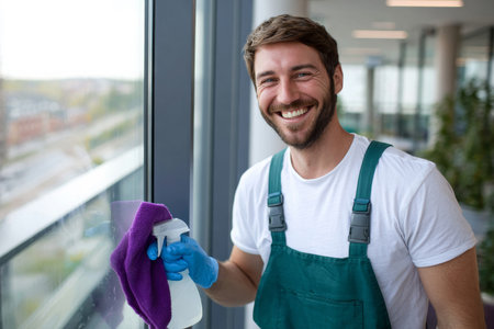 A smiling young man in a white shirt and green overalls cleans a window, holding a spray bottle and cloth in a bright, fresh interior.の素材