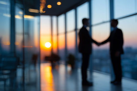 A handshake between business partners is visible as silhouettes near a large office window, with a blurred cityscape adding a professional ambiance.の素材