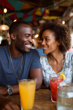 A lively African American couple enjoys drinks together in a colorful cafÃ©, radiating warmth and connection.の素材