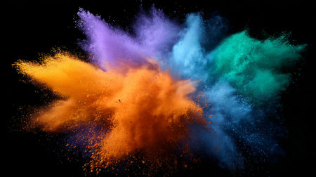 A burst of colored powder erupts against a black background, forming a dramatic, energetic explosion of pigment.の素材