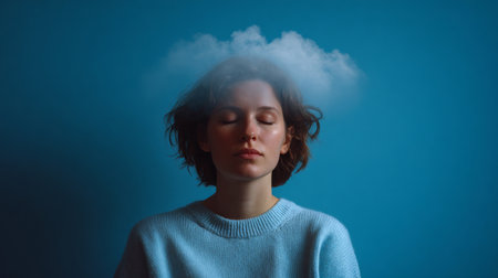 A surreal portrait depicts a woman whose head is physical obscured by a cloud, blending form with abstract emotion in a minimalist studio setting.の素材