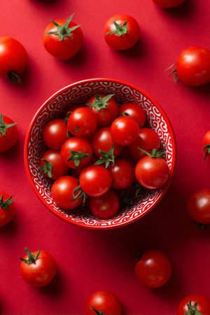 A creative food image displays cherry tomatoes arranged in a red bowl on a red background, forming a bold monochromatic produce pattern.の素材
