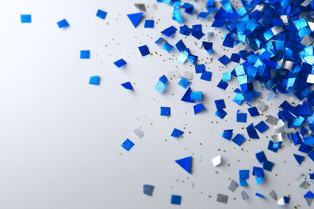 A festive blue confetti background with streamers, glitter, and tinsel falling across a bright white backdrop, perfect for celebratory designs.の素材