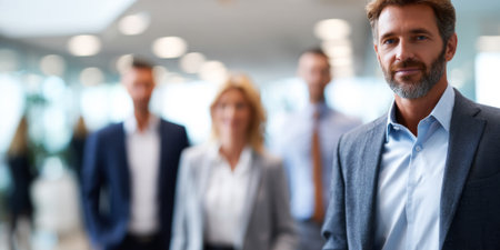 A soft-focus scene shows business professionals standing together in an office, suggesting a collaborative corporate environment.の素材