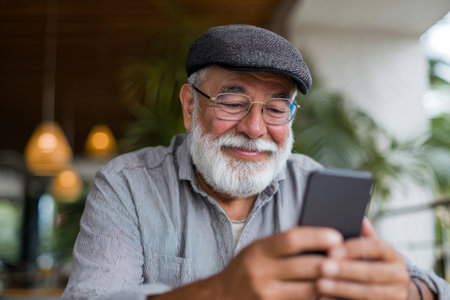 An elderly man wearing glasses smiles warmly as he video-calls his child on a smartphone.の素材