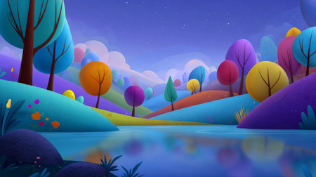 A colorful animated landscape with whimsical hills, trees, and calm water.の素材