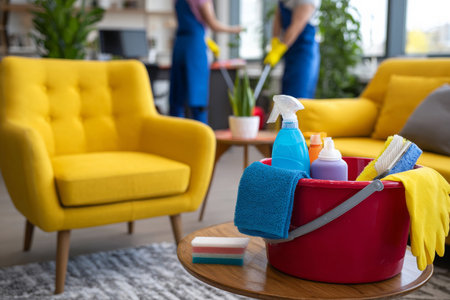 Two professionals are captured mid-cleaning in a bright living room with vivid yellow furniture, the vibrant tools adding energy to the organized setting.の素材
