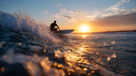 A surfer skillfully rides a wave at sunset, capturing the thrill of a coastal adventure.の素材