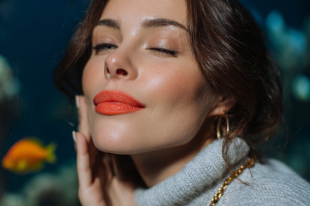 A woman with soft coral lipstick poses gracefully near an aquarium, the neutral gray background enhancing her refined, artistic look.の素材