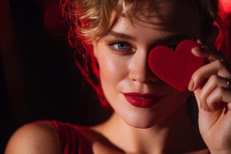 A striking portrait shows a woman with bold red lips holding a vivid heart-shaped prop near her eye, the dramatic contrast highlighting themes of beauty and romance.の素材