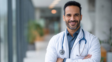 A male doctor in a white coat with a stethoscope stands in a clinic hallway, looking directly at the viewer with a professional expression.の素材