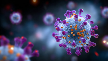A microscopic rendering of a virus, showing its surface proteins and internal genetic structure in high detail.の素材