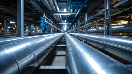 A metallic tunnel made of interconnected silver pipes forms a geometric industrial network with shiny reflective surfaces.の素材