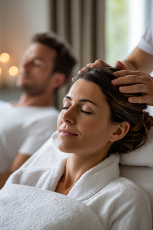 A serene spa moment featuring a couple enjoying side-by-side massages in a bright, relaxing environment.の素材